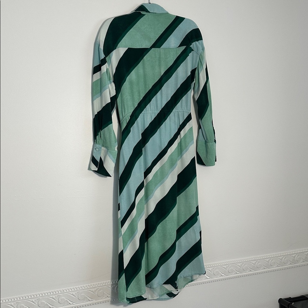 MNG Green Striped Wrap Dress Midi Satin Look Spring Summer Minimalist Women’s M - Picture 8 of 9